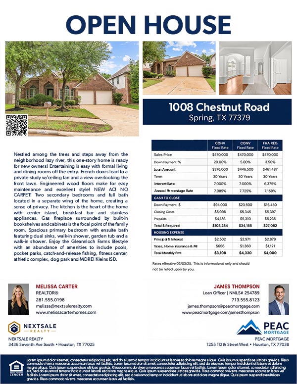 Typical co-branded mortgage open house flyer with the Realtor and loan officer positioned near the bottom
